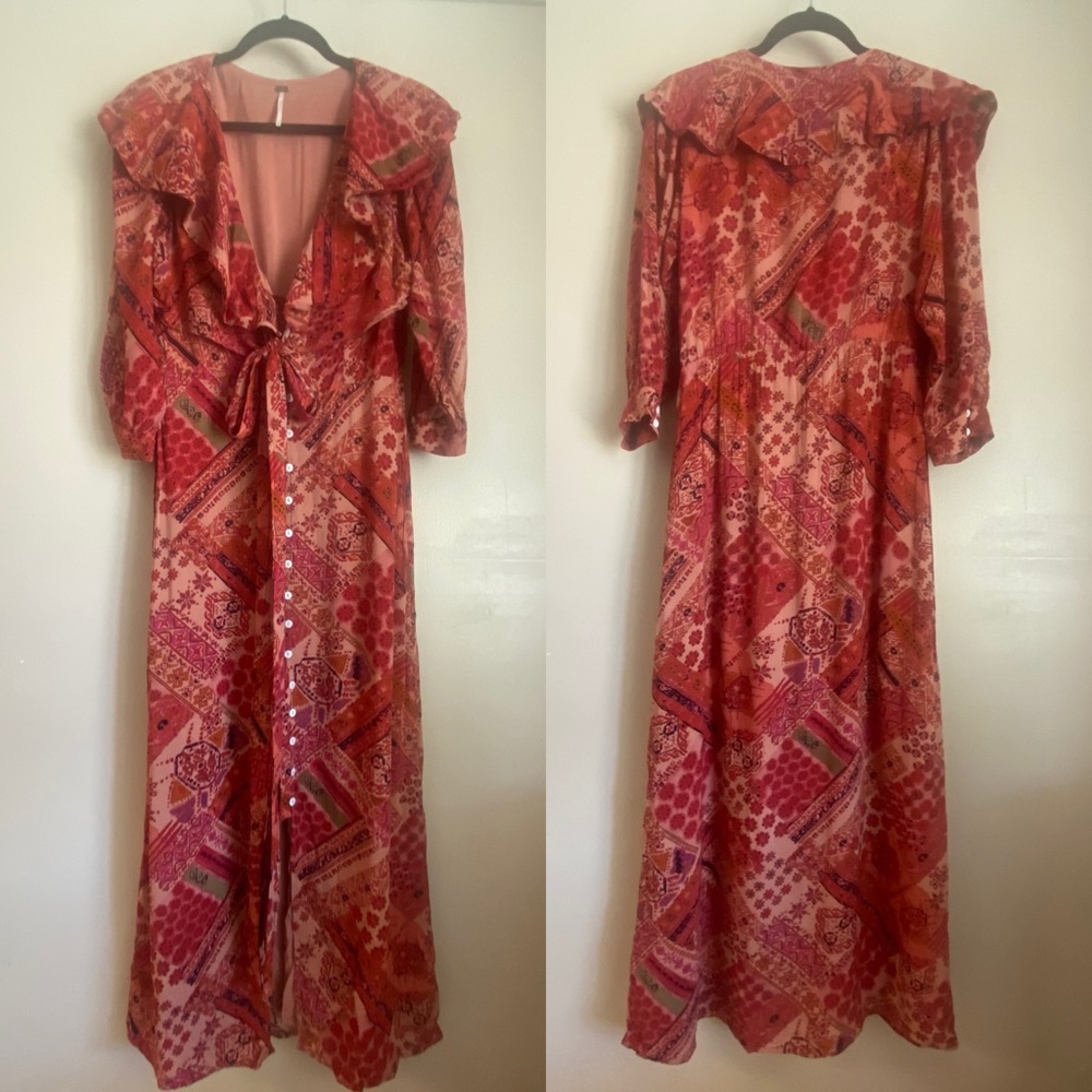 Free People boho print ruffle button front belted 3/4 sleeve v neck maxi, M